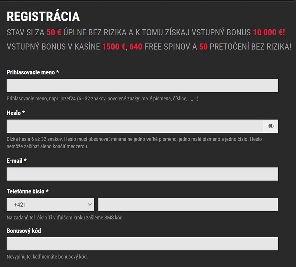 Registrácia v SYNOT TIP kasíne
