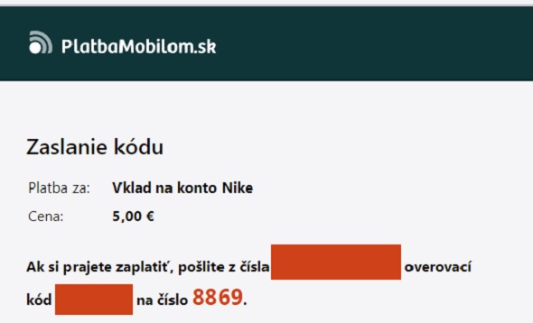 SMS vklad do online kasína Niké Svet hier