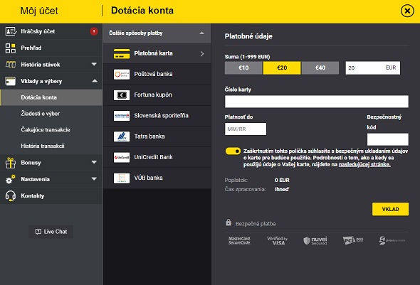 Vklad platobnou kartou vo Fortuna Casine