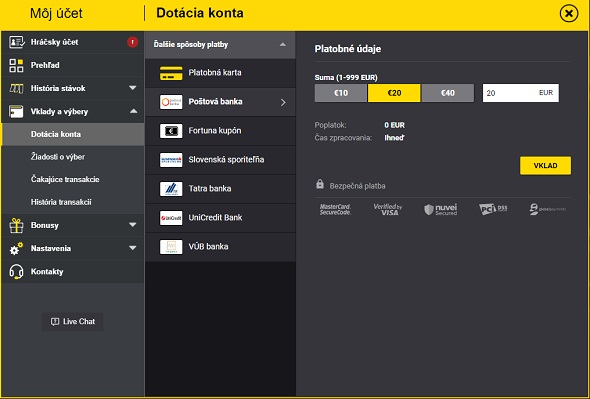 Vklad cez Poštovú banku v kasíne Fortuna