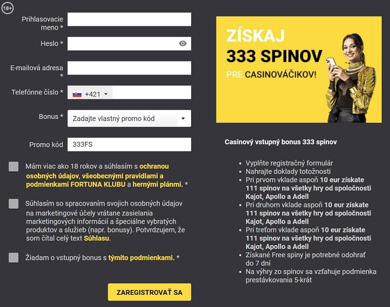 Prihlasovací formulár vo Fortune