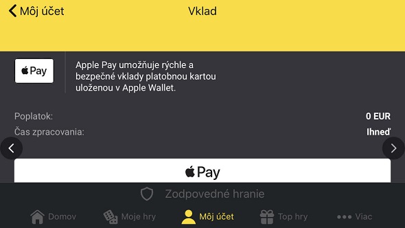 Apple Pay vklad cez Fortuna aplikáciu