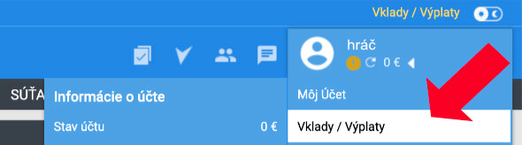 Tipsport webstránka - Vklady a výbery - menu