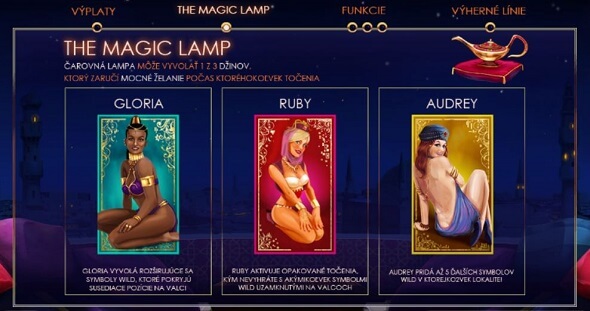 Kasíno automat Treasures of the Lamps - Gloria Ruby Audrey