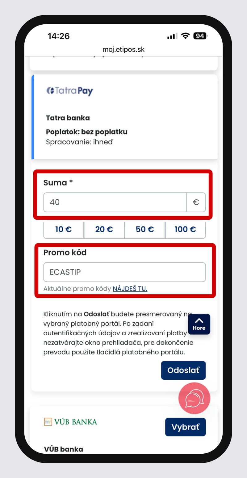 Vklad s&nbsp;promo kódom ECASTIP