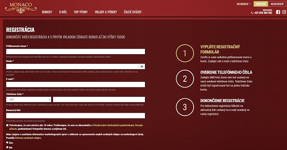 Monaco Bet - Registrácia a prihlásenie