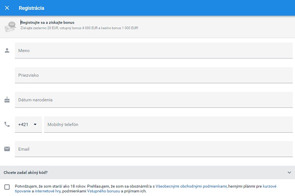 Registrácia v Tipsport kasíne