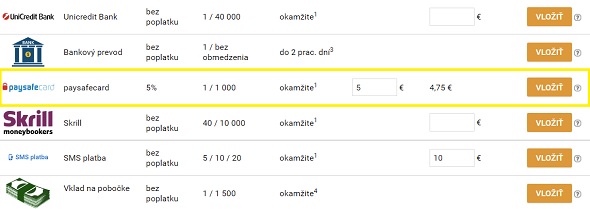 Paysafecard vklad v Tipsporte
