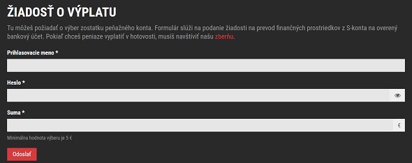 Výber bankovým prevodom v SynotTip