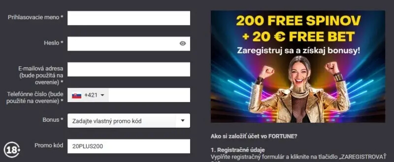 Fortuna promo kód na&nbsp;200 free spinov a&nbsp;20 eur