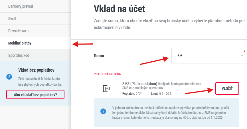 Vklad do&nbsp;DOXXbetu 5 eur cez&nbsp;SMS