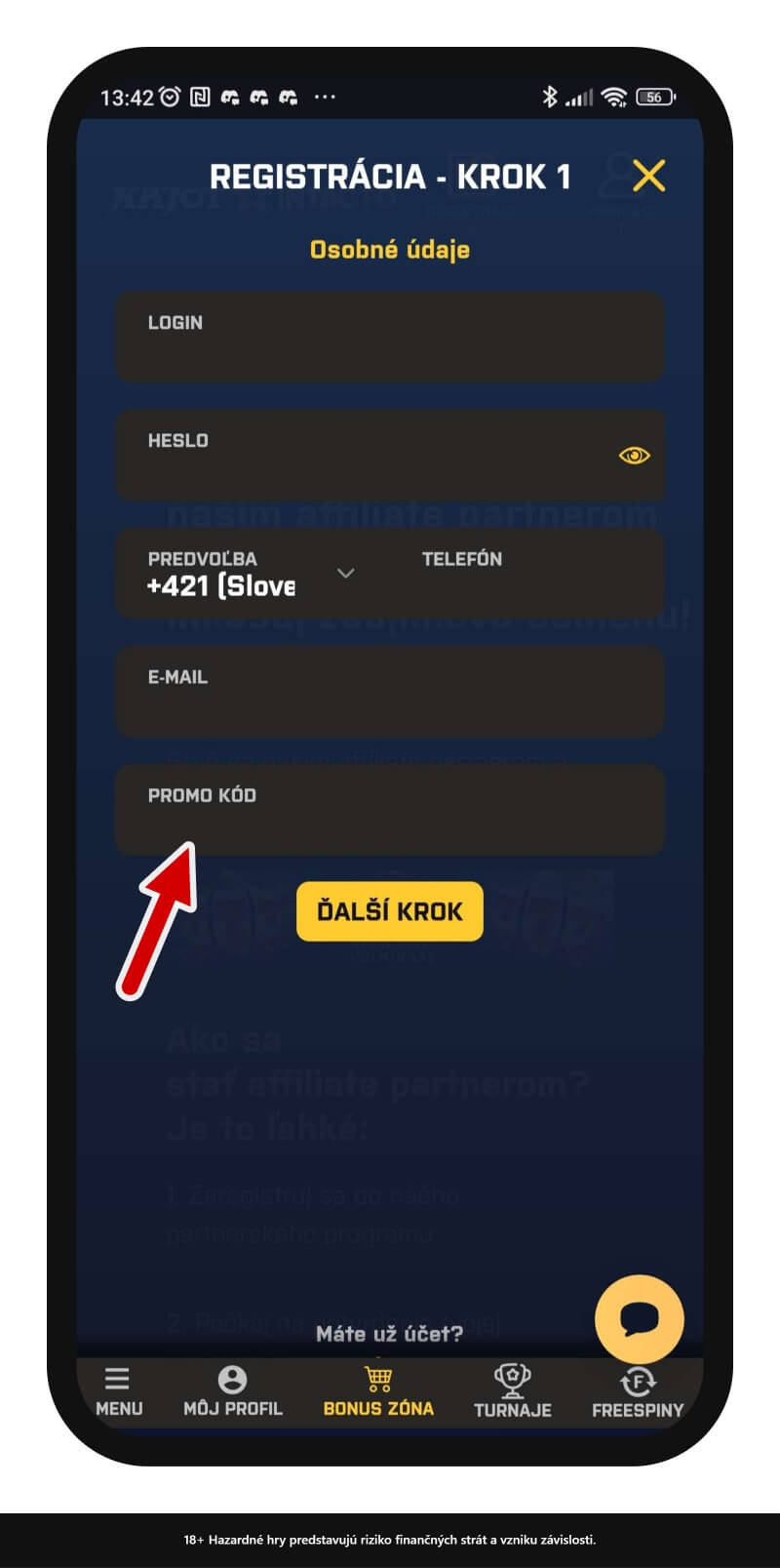 Zadávanie Kajot Intacto promo kódu pri&nbsp;registrácii