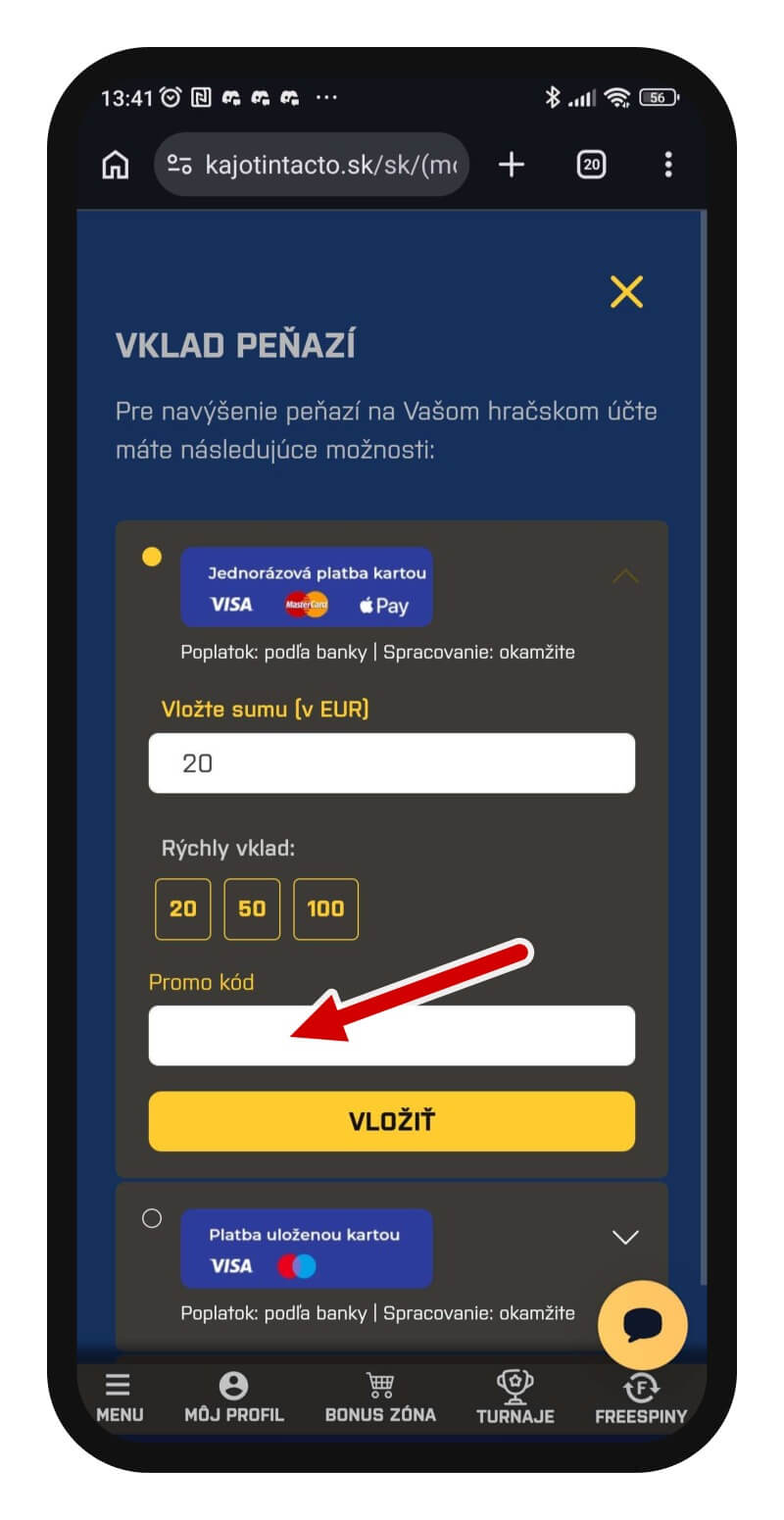 Zadávanie promo kódu pri&nbsp;vklade v&nbsp;Kajot Intacto