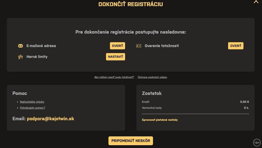 Kajotwin online casino - dokončenie registrácie