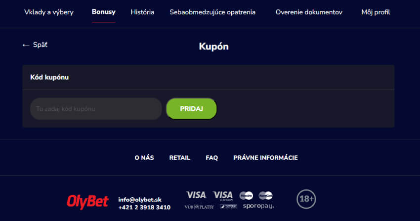 Olybet online casino - kód kupónu