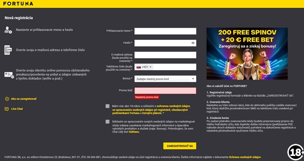 Fortuna promo kód k&nbsp;registrácii