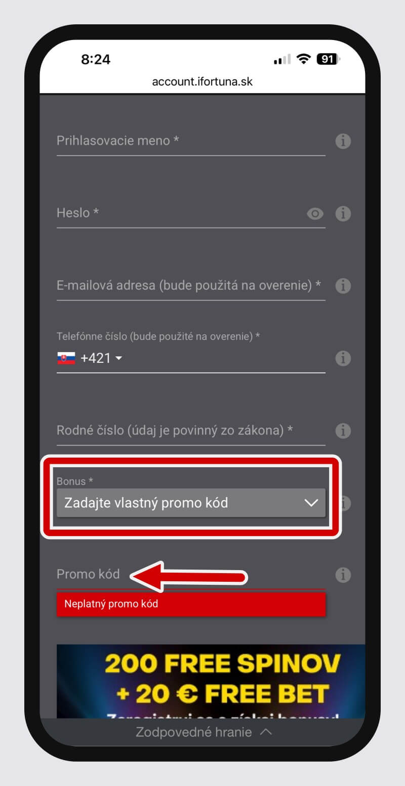 Zadanie vlastného Fortuna promo kódu