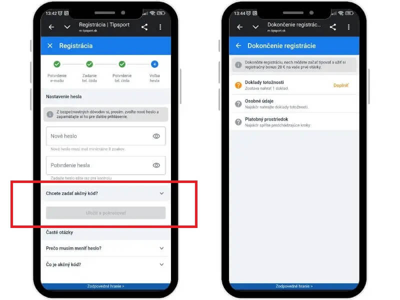 Tipsport akčný kód počas registrácie