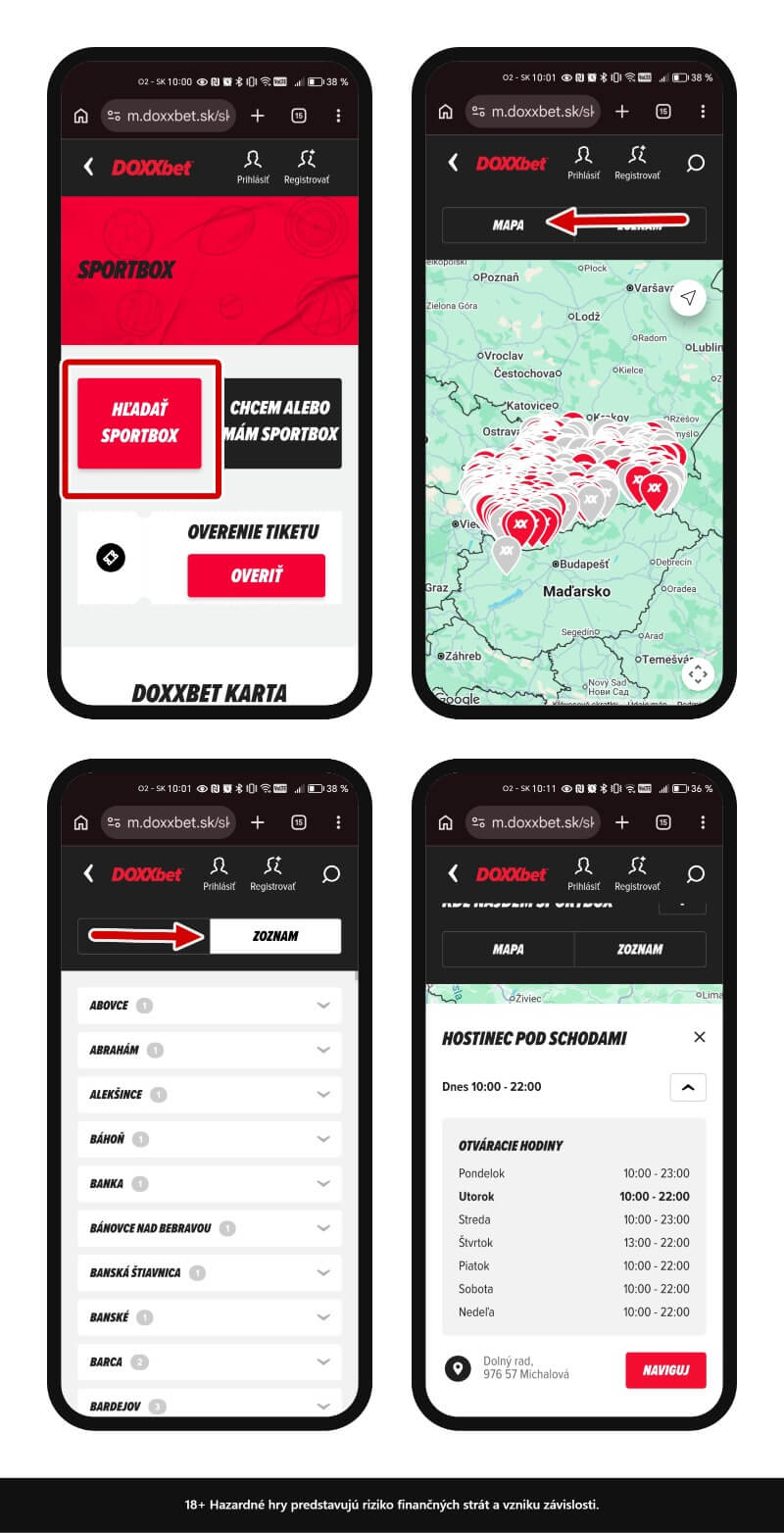 Mapa pobočiek s&nbsp;terminálom DOXXbet na&nbsp;Slovensku