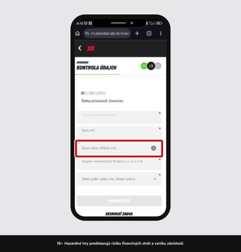 DOXXbet skaut kód počas registrácie cez&nbsp;mobil
