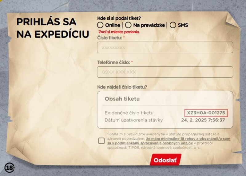 Registračný formulár Tipos Expedícia
