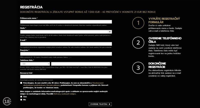Registrácia do&nbsp;online kasína Slovmatic