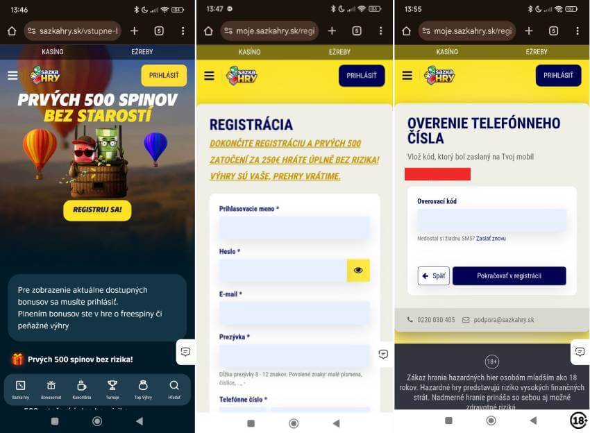 Sazka hry registrácia cez&nbsp;mobil – krok 1.