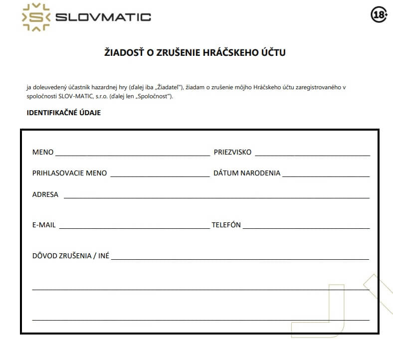 Žiadosť o&nbsp;zrušenie hráčskeho účtu