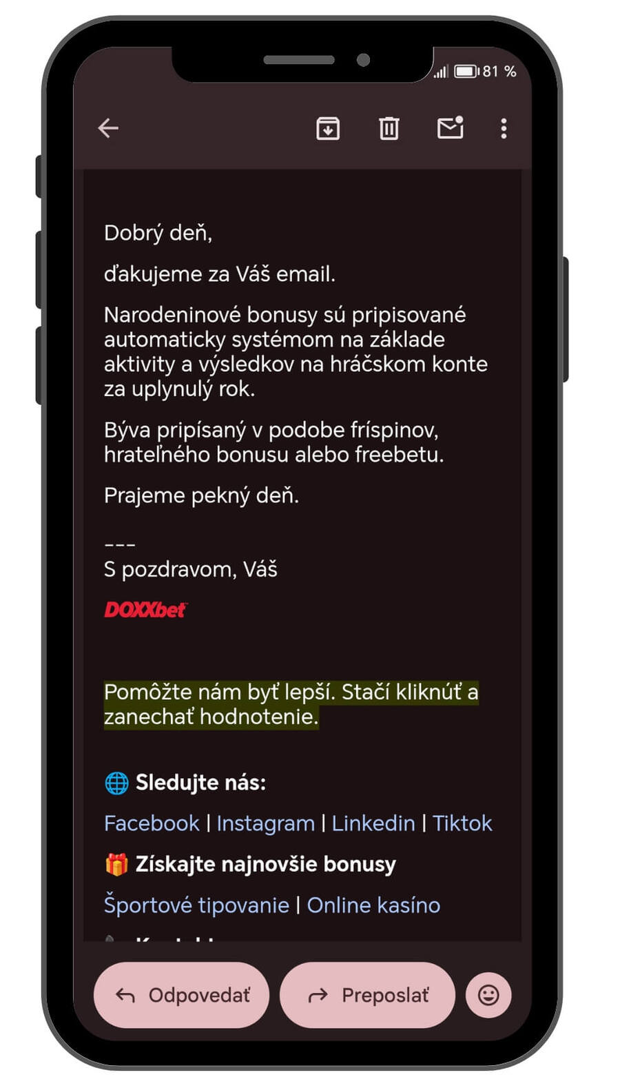 Narodeninový bonus DOXXbet
